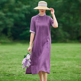 复古改良旗袍裙，文艺立领中式亚麻连衣裙YM-S361