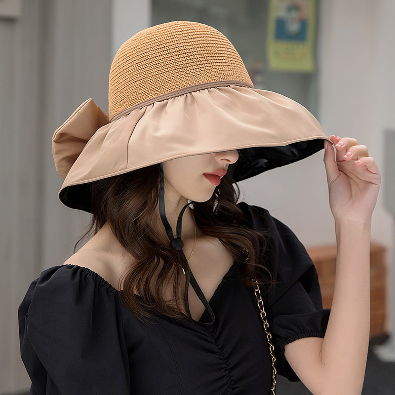 【可拆卸蝴蝶结】黑胶防晒渔夫帽 UPF50+ 阻挡99%紫外线 送防风绳 编织镂空更透气 大帽檐遮脸防晒防