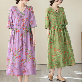 GYH 8202宽松大码棉麻V领民族风盘扣印花连衣裙