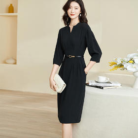 剩S 【现货】米思阳2024秋季新款知*方纯色中长裙压褶收腰七分袖连衣裙0190