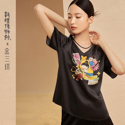 金三塔敦煌联名重磅真丝无乐不作定位花上衣T恤外穿时尚舒适丝滑 YSFCB701 商品图0