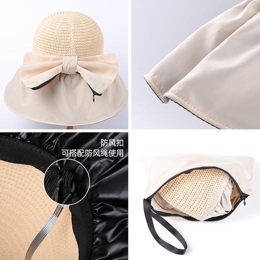 【可拆卸蝴蝶结】黑胶防晒渔夫帽 UPF50+ 阻挡99%紫外线 送防风绳 编织镂空更透气 大帽檐遮脸防晒防 商品图3