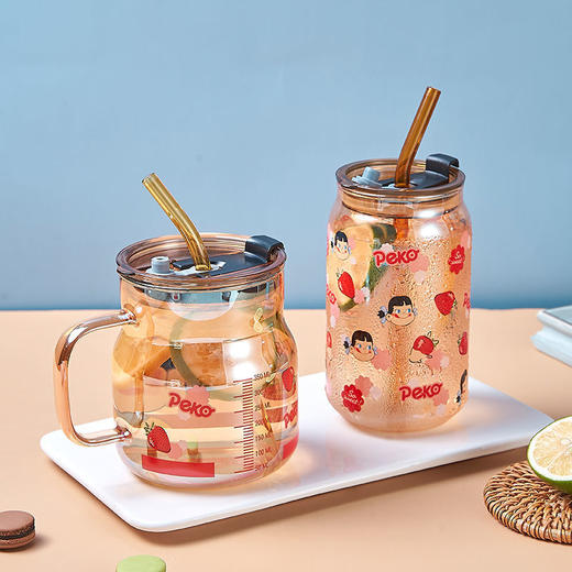 可爱ins高硼硅耐热玻璃易拉罐吸管杯梅森杯带吸管学生牛奶饮料杯 商品图0