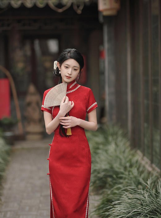 TX春夏酒红色修身显瘦日常新娘装旗袍连衣裙 商品图3