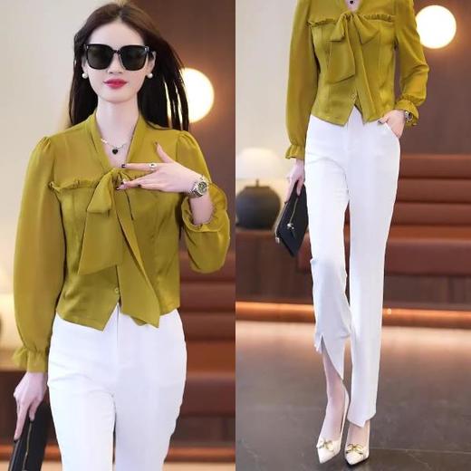 春夏新款蝴蝶结气质上衣显瘦高腰微喇裤修身西裤直筒裤开叉套装潮AL 商品图2