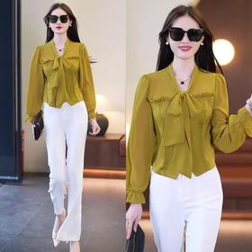 春夏新款蝴蝶结气质上衣显瘦高腰微喇裤修身西裤直筒裤开叉套装潮AL