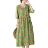 GYH 8202宽松大码棉麻V领民族风盘扣印花连衣裙 商品缩略图4