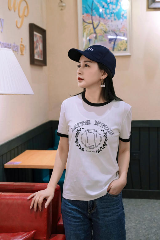 【匹马棉】Laurel劳芮23春夏LOGO印花撞边T恤上衣LWL342Z03300 商品图3