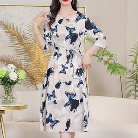 重磅真丝夏季圆领中袖桑蚕丝印花裙子LS-A2502