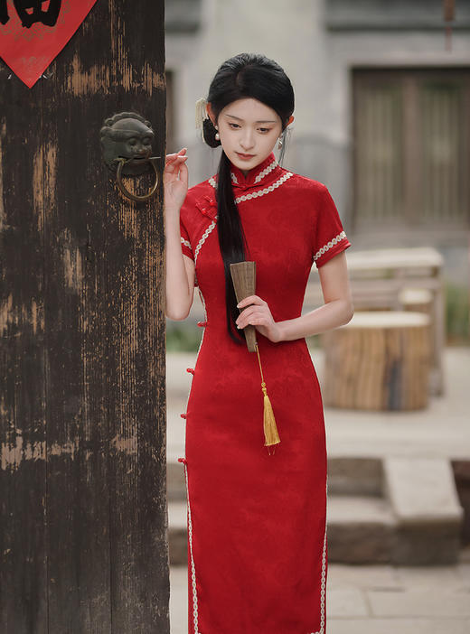 TX春夏酒红色修身显瘦日常新娘装旗袍连衣裙 商品图2