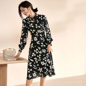 剩S 米思阳黑色雪纺碎花连衣裙女2024秋季新款气质中长款修身显瘦裙子