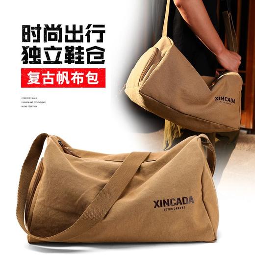 复古帆布斜跨包男单肩包运动健身包大容量出差手提旅行包行李包潮 商品图0
