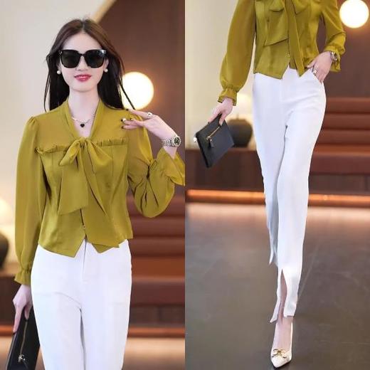 春夏新款蝴蝶结气质上衣显瘦高腰微喇裤修身西裤直筒裤开叉套装潮AL 商品图3