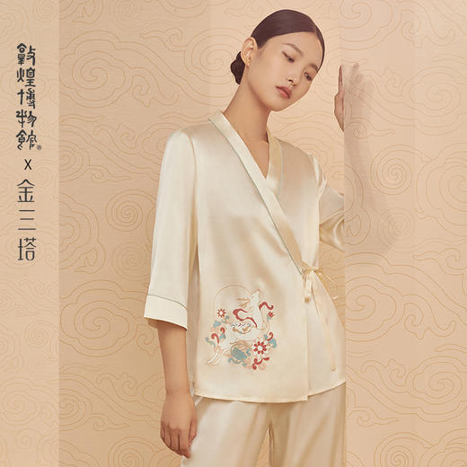 礼物】金三塔敦煌联名女士重磅真丝睡衣复古斜襟九色鹿定位花衣裤套家居服  YSFCA214 商品图0