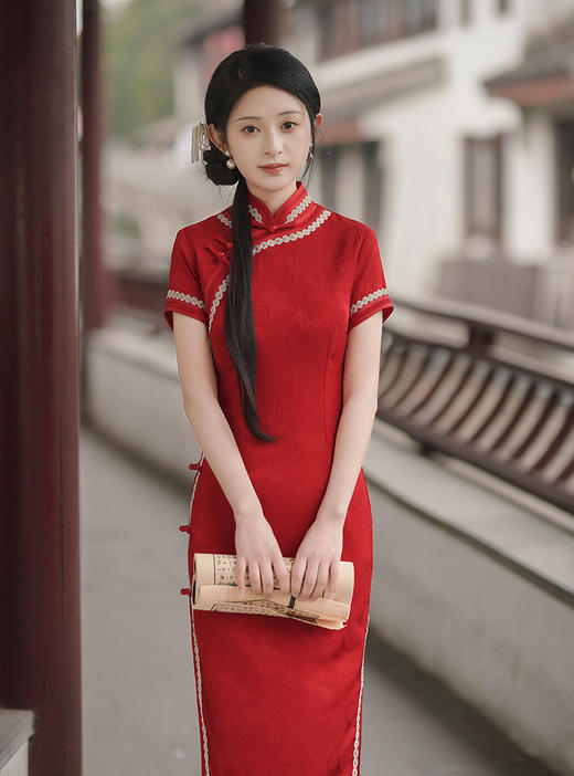 TX春夏酒红色修身显瘦日常新娘装旗袍连衣裙 商品图4