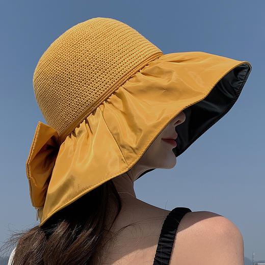 【可拆卸蝴蝶结】黑胶防晒渔夫帽 UPF50+ 阻挡99%紫外线 送防风绳 编织镂空更透气 大帽檐遮脸防晒防 商品图6
