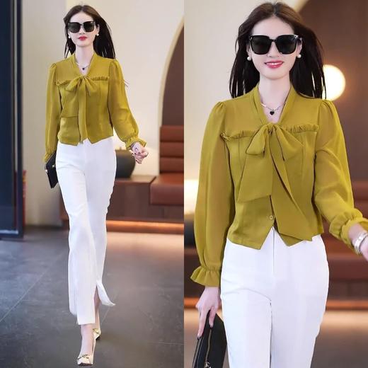 春夏新款蝴蝶结气质上衣显瘦高腰微喇裤修身西裤直筒裤开叉套装潮AL 商品图1