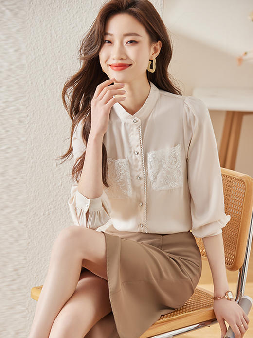 新款蕾丝口袋衬衫简约A型半身裙职场两件套装女 商品图2