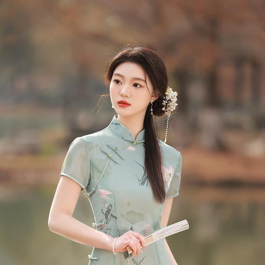 ZAYS-5169春装长款双层印花短袖年轻少女旗袍日常修身时尚改良旗袍 商品图3