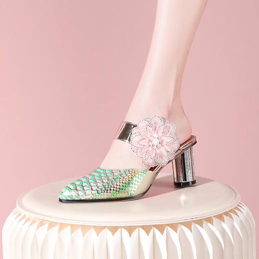 春夏新款，尖头真皮花朵粗跟凉拖YSML-A076-089 商品图4