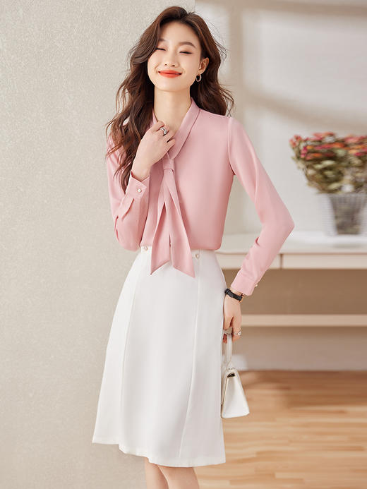 长袖飘带领结职业衬衫高腰A字半身裙子两件套装 商品图4