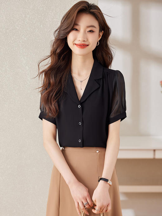 时尚泡泡袖职业通勤衬衫高腰A字半身裙两件套装 商品图1