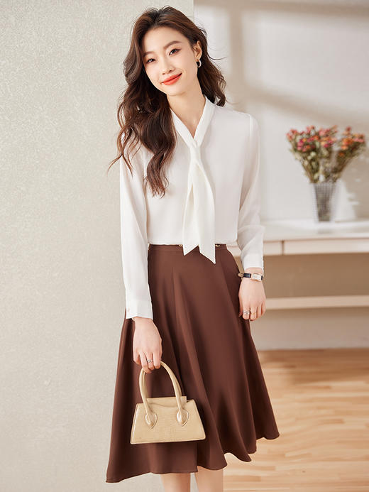 长袖飘带领结职业衬衫高腰A字半身裙子两件套装 商品图1