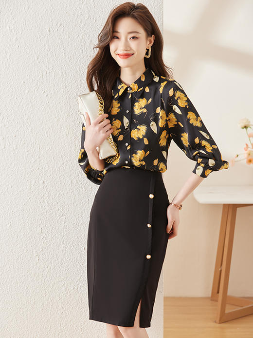春夏印花设计衬衫简约A型半身裙职场气质两件套装女 商品图4