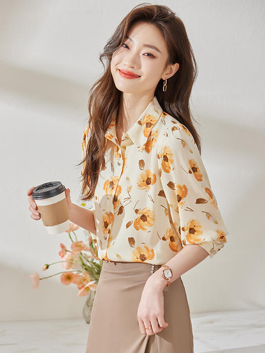 春夏印花设计衬衫简约A型半身裙职场气质两件套装女 商品图1