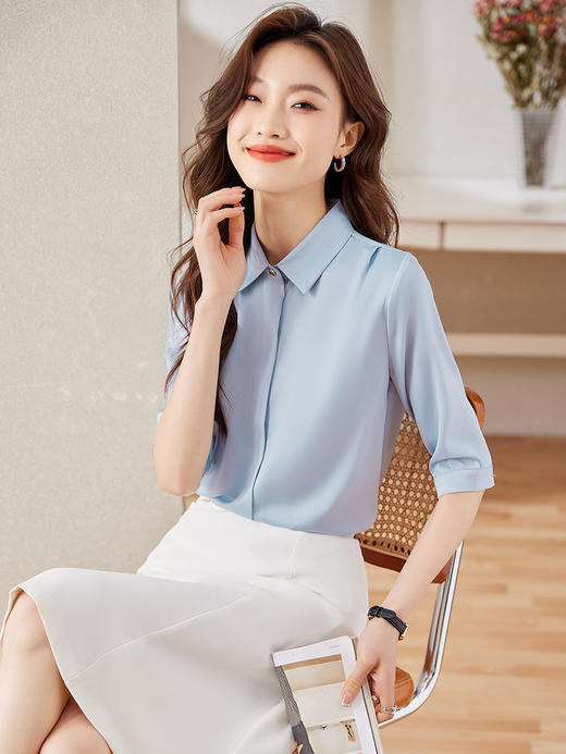 五分袖缎面职业时尚衬衫高腰A字半身裙子两件套 商品图2