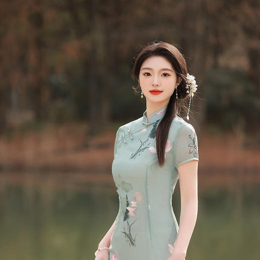 ZAYS-5169春装长款双层印花短袖年轻少女旗袍日常修身时尚改良旗袍 商品图1