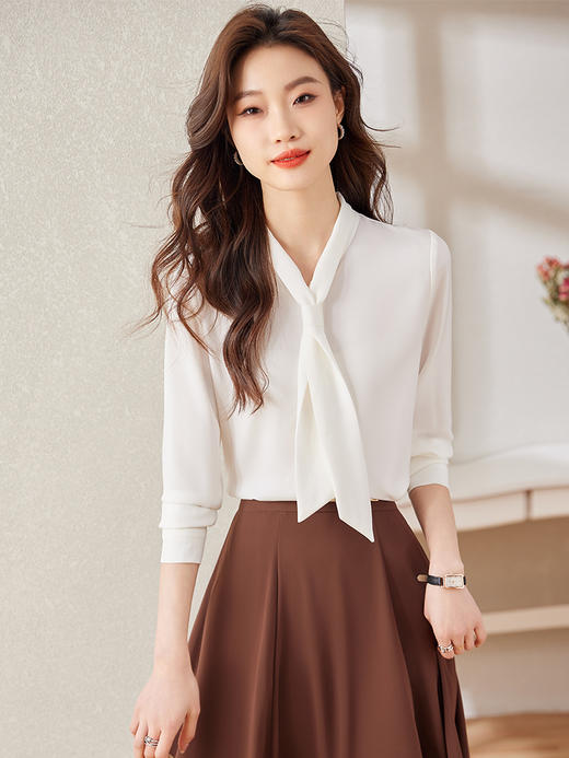 长袖飘带领结职业衬衫高腰A字半身裙子两件套装 商品图7