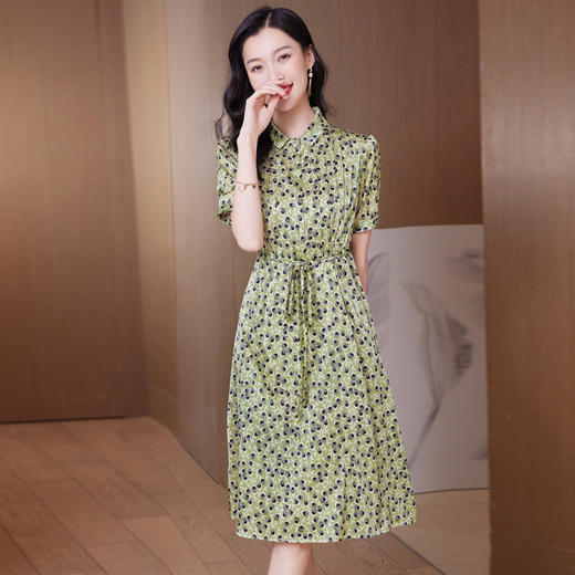 ASE-9529真丝连衣裙新款夏季轻奢波点收腰设计感小众桑蚕丝衬衫领裙子 商品图2
