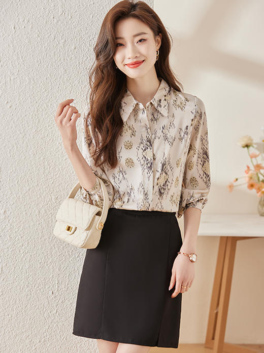 春夏印花设计衬衫修身长裤职场气质两件套装女 商品图1