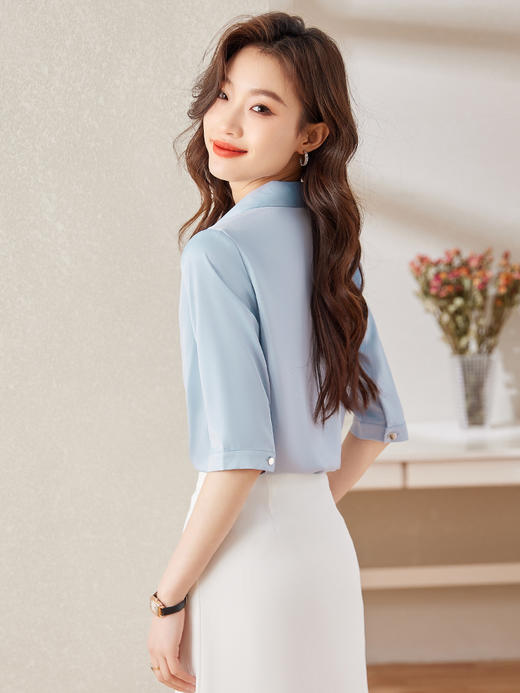 五分袖缎面职业时尚衬衫高腰A字半身裙子两件套 商品图6