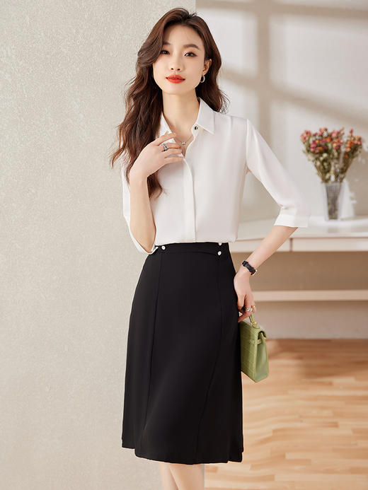五分袖缎面职业时尚衬衫高腰A字半身裙子两件套 商品图5