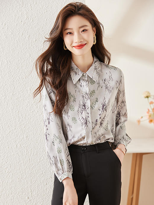 春夏印花设计衬衫修身长裤职场气质两件套装女 商品图3