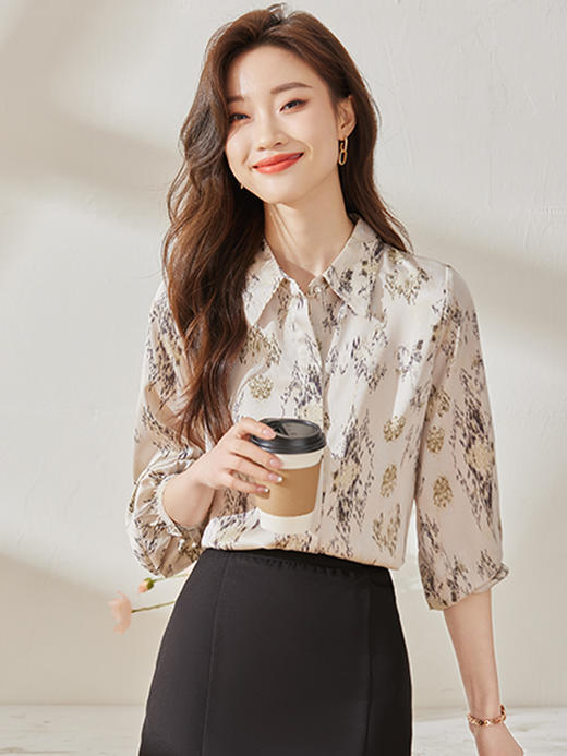 春夏印花设计衬衫修身长裤职场气质两件套装女 商品图7