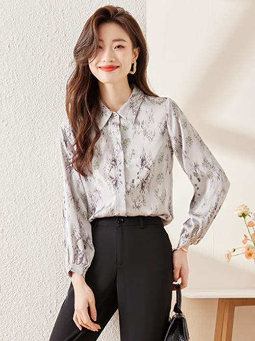 春夏印花设计衬衫修身长裤职场气质两件套装女 商品图2