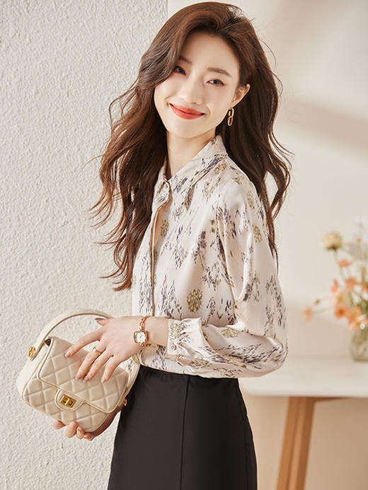 春夏印花设计衬衫修身长裤职场气质两件套装女 商品图0