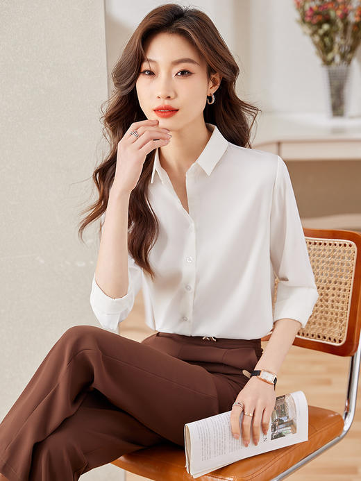 职业通勤醋酸缎面衬衫高腰A字半身裙子休闲裤套装女 商品图3