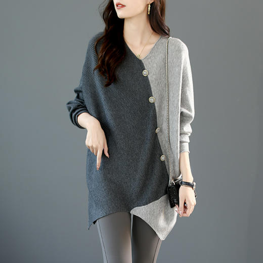 SMZ04652023春装蝙蝠袖撞色拼接针织衫女新款套头毛衣春秋季长袖宽松上衣 商品图0