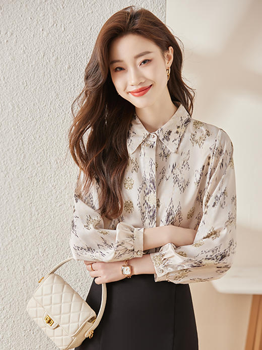 春夏印花设计衬衫修身长裤职场气质两件套装女 商品图4