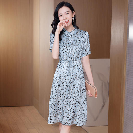 ASE-9529真丝连衣裙新款夏季轻奢波点收腰设计感小众桑蚕丝衬衫领裙子 商品图3