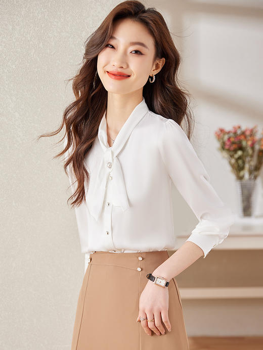 蝴蝶结飘带职业通勤衬衫高腰A字半身裙两件套装 商品图7