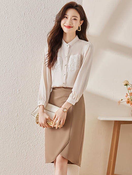 新款蕾丝口袋衬衫简约A型半身裙职场两件套装女 商品图7