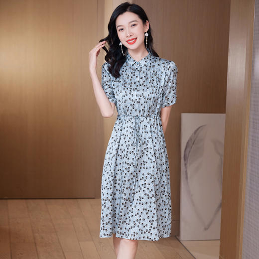 ASE-9529真丝连衣裙新款夏季轻奢波点收腰设计感小众桑蚕丝衬衫领裙子 商品图5