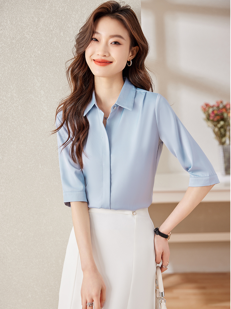 五分袖缎面职业时尚衬衫高腰A字半身裙子两件套