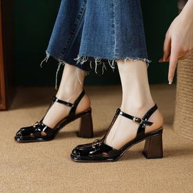 复古百搭，圆头真皮镂空粗跟凉鞋YD-K119