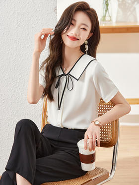 夏季新款系带领衬衫职场百搭时尚显瘦衬衣上衣女